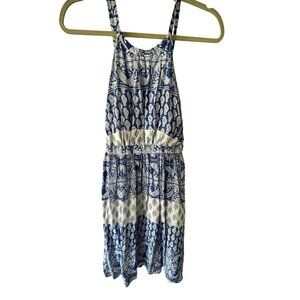 LuLus blue&white lined halter short dress cut outs in back rayon fabric sz M fes